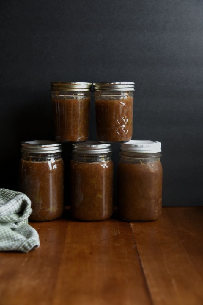 stacked jars of rhubarb jam