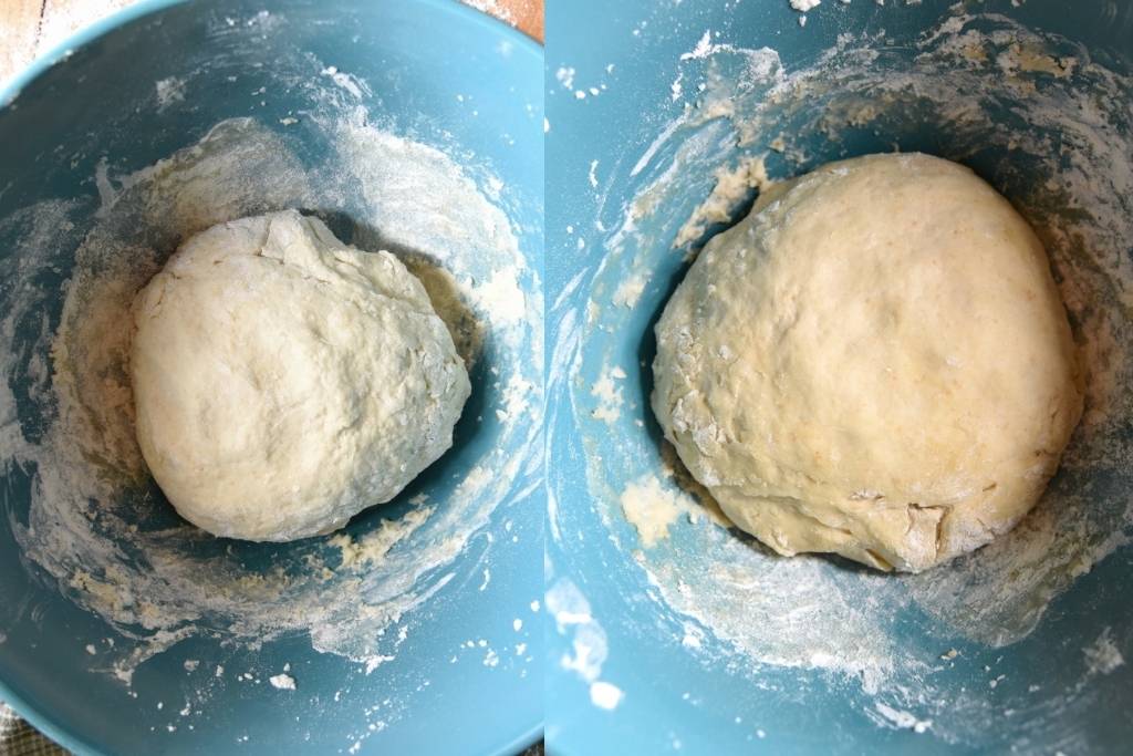 a side by side picture of the pizza dough before and after it rises 