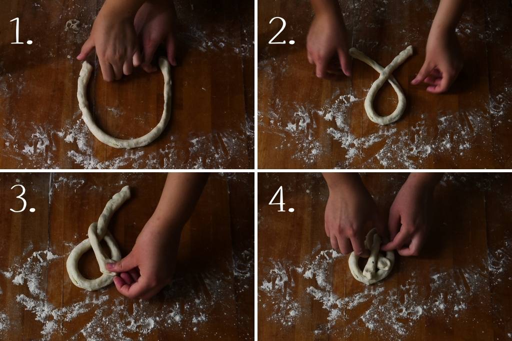 four images together showing how to fold a pretzel