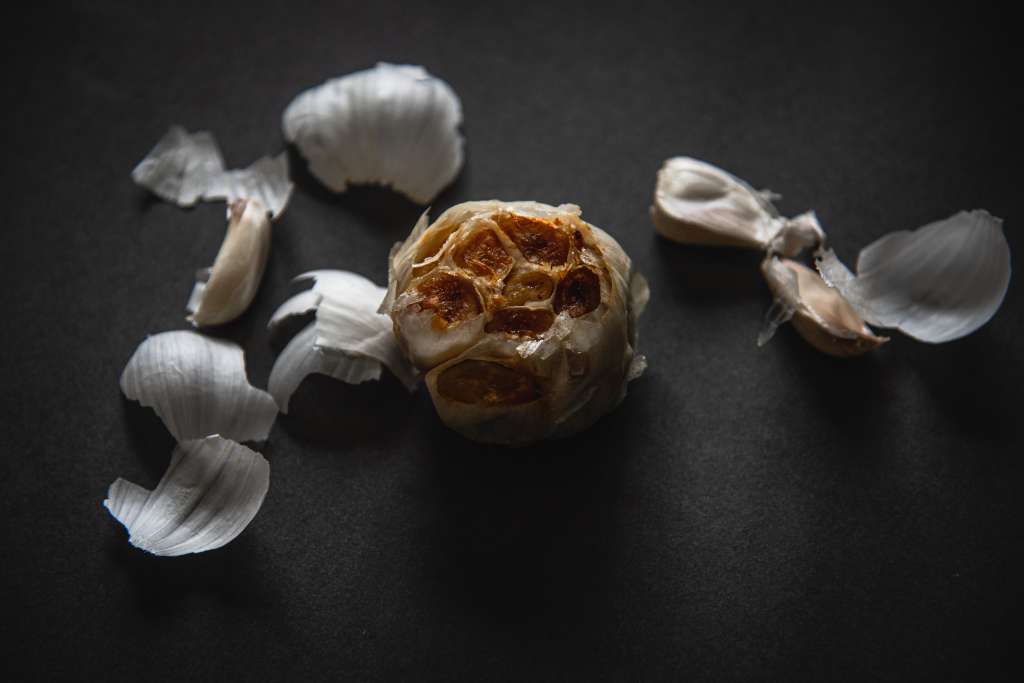 a bulb of roast garlic, with some garlic cloves and peels around it
