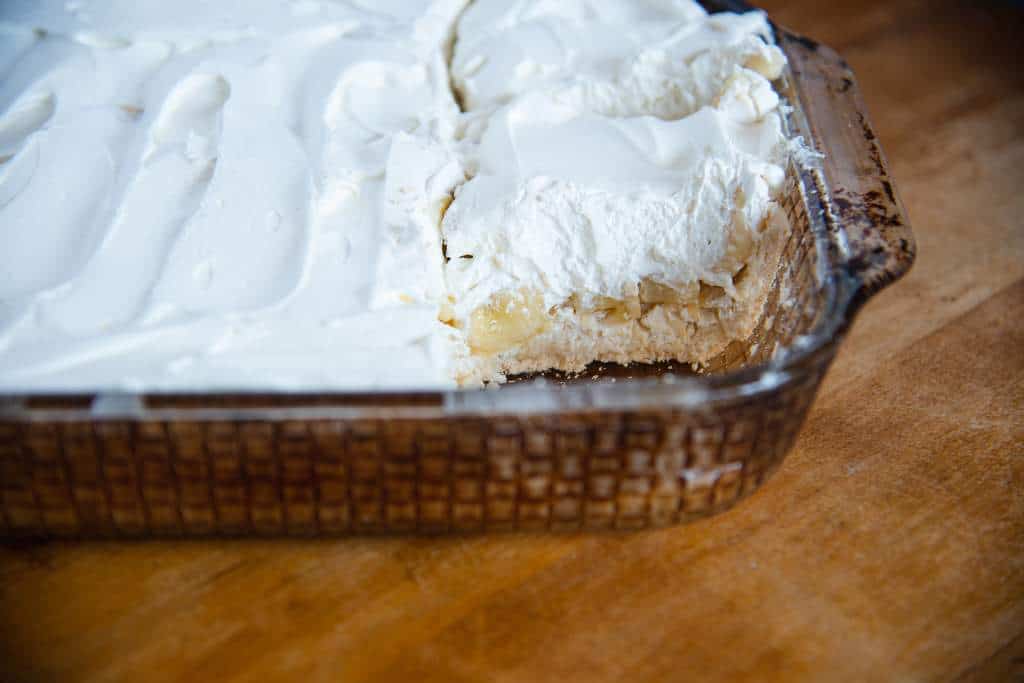 a pan of torte with a piece taken out of it