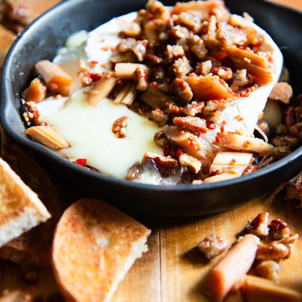 Baked Brie with Pickled Rhubarb and Maple Pecans