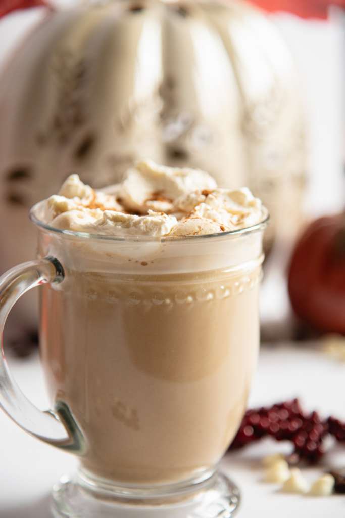 a close up of a finished latte with whipped cream and cinnamon on top, you can see some fall decorations in the background 