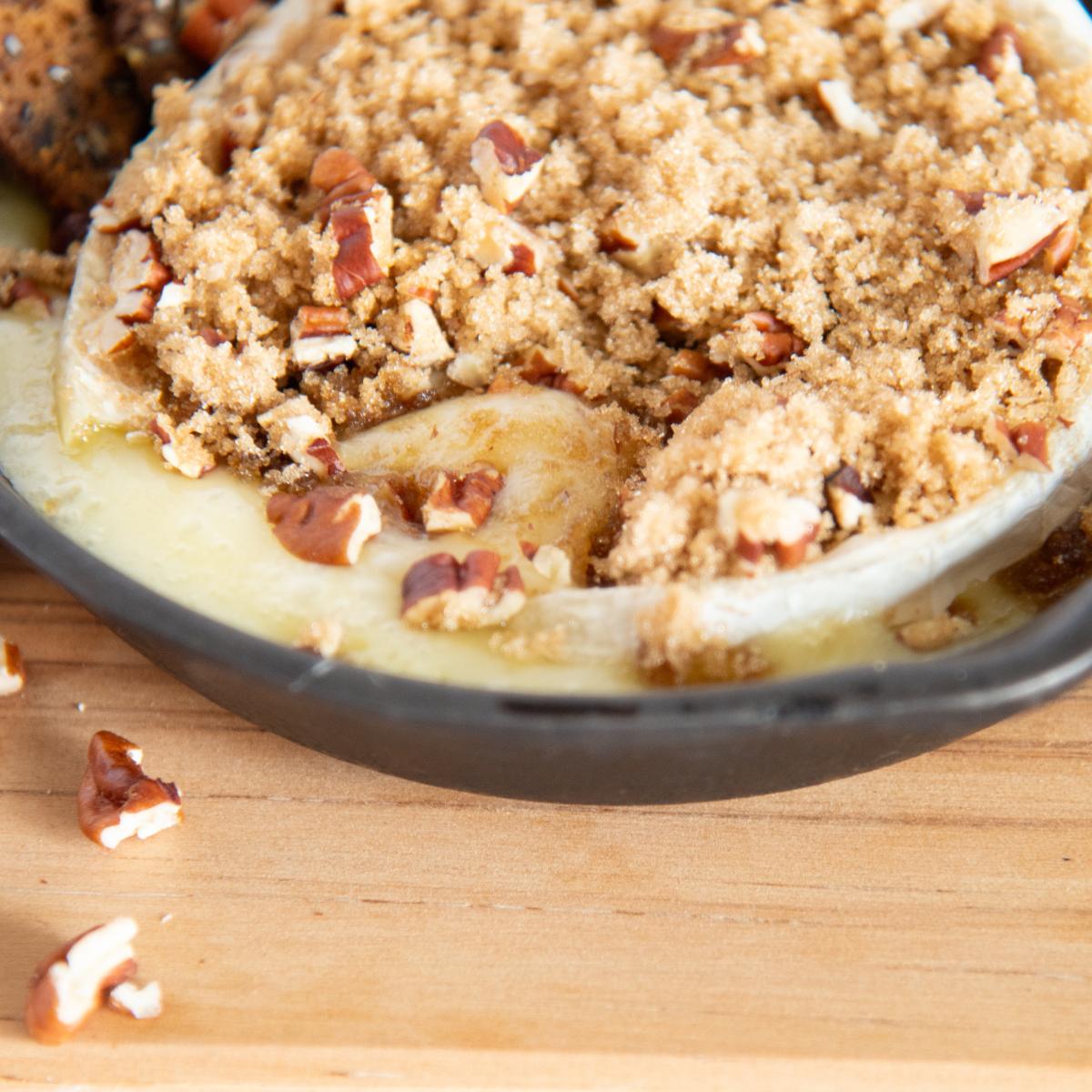 Easy Brown Sugar Baked Brie Recipe | with chopped pecans